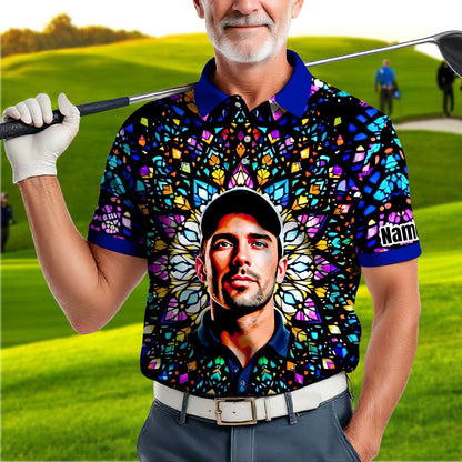 Custom Face Golf Polo Shirt – Personalized Stained Glass Mandala Style Polo, Unique Gift for Men & Women, Vibrant Artistic Golf Shirt, Custom Photo Polo