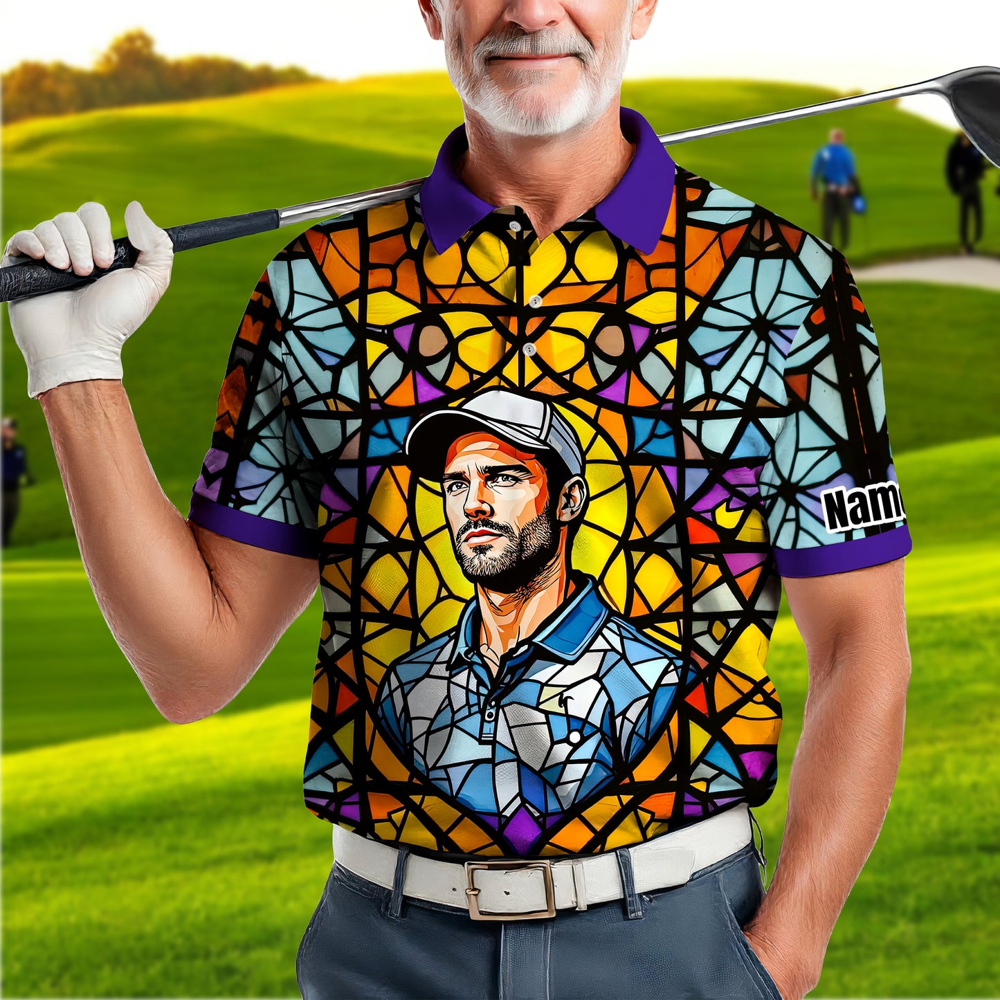 Custom Face Golf Polo Shirt – Personalized Stained Glass Art Shirt, Unique Golf Gift for Him, Colorful Abstract Golf Polo, Custom Sportswear