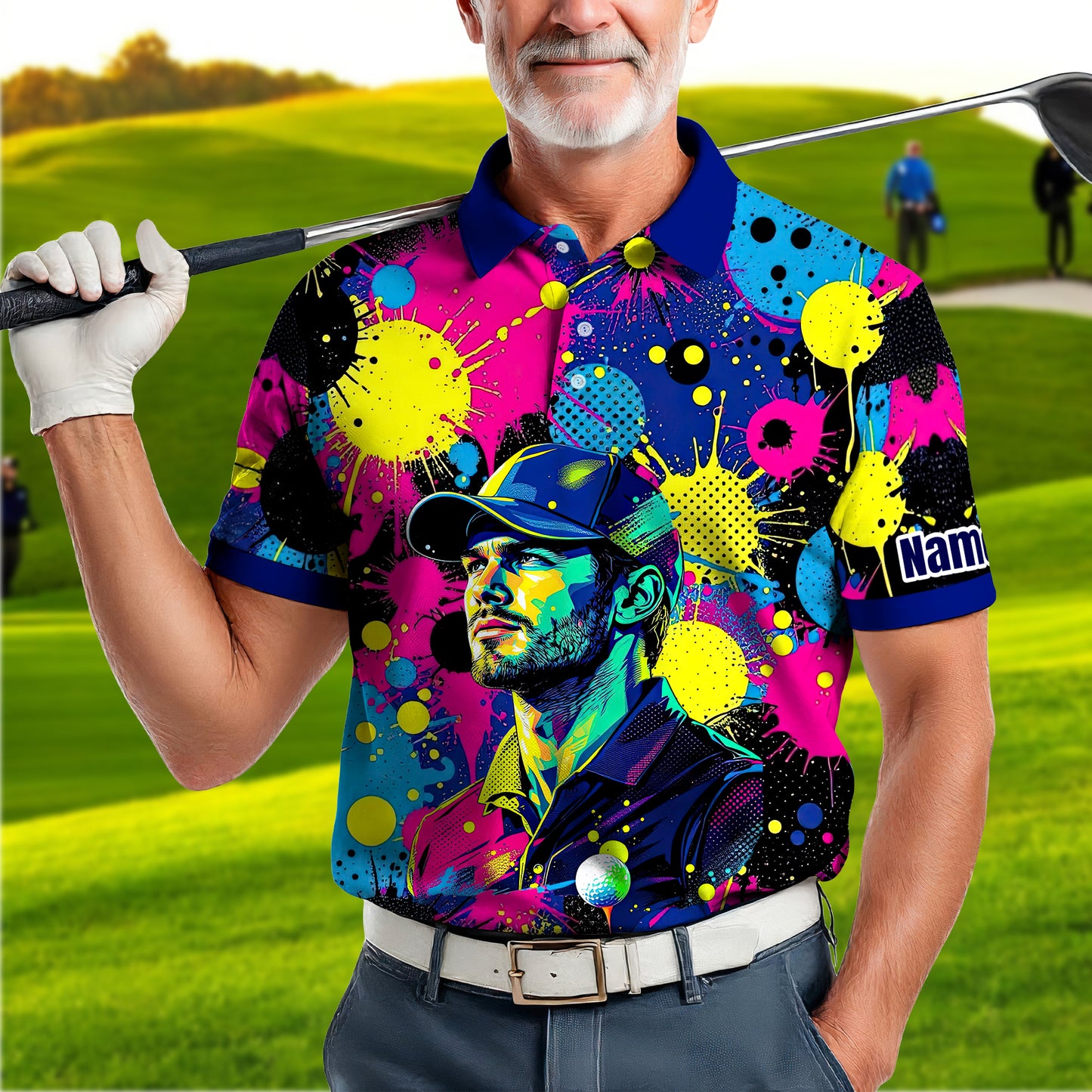 HomyGifts Men's Customized Face Artistic Golf Polo Shirt, Personalized Pop Art Golf Polo, Portrait Gift for Golfers Style 2