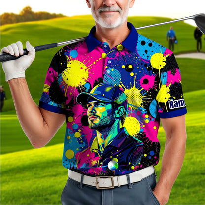 HomyGifts Men's Customized Face Artistic Golf Polo Shirt, Personalized Pop Art Golf Polo, Portrait Gift for Golfers Style 2