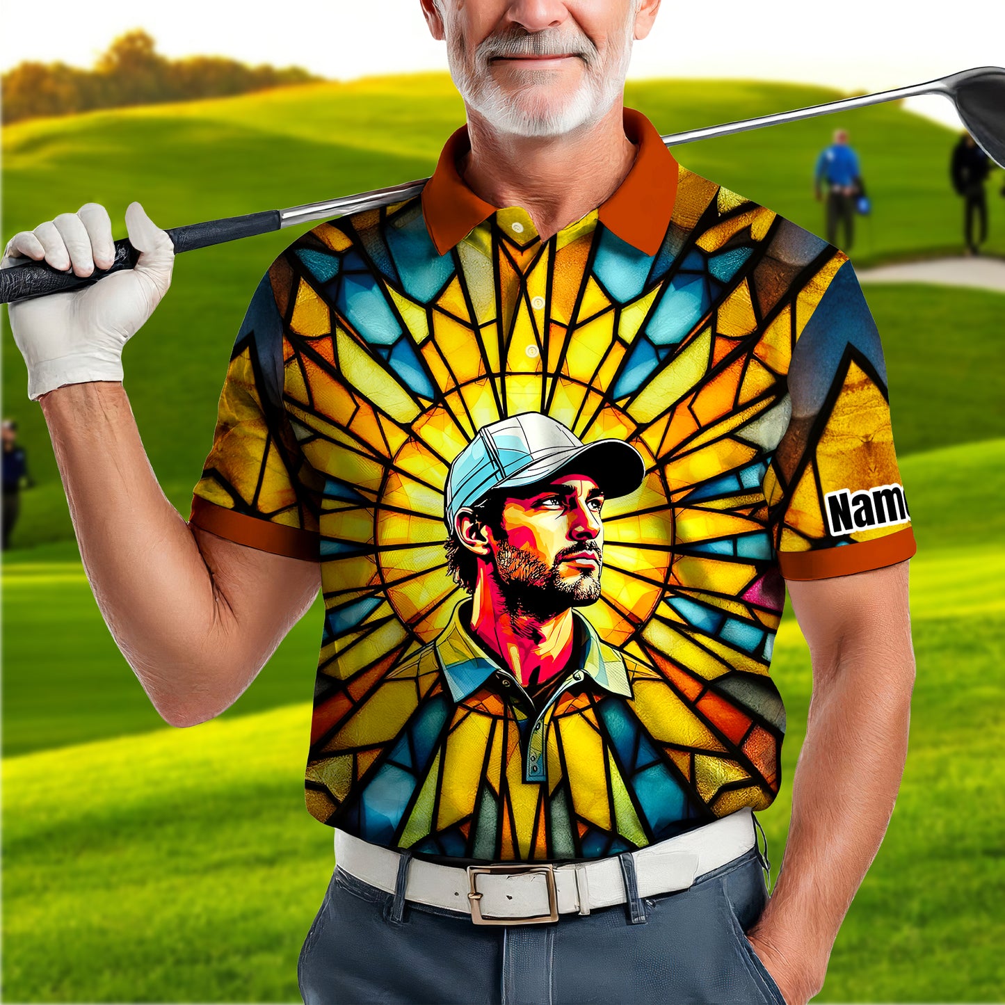 HomyGifts Men's Customized Face Artistic Golf Polo Shirt, Angular Geometric Glass Pattern, Stained-Glass Mosaic Print, Personalized Sublimation Golf Shirt, Vibrant Geometric Portrait Tee