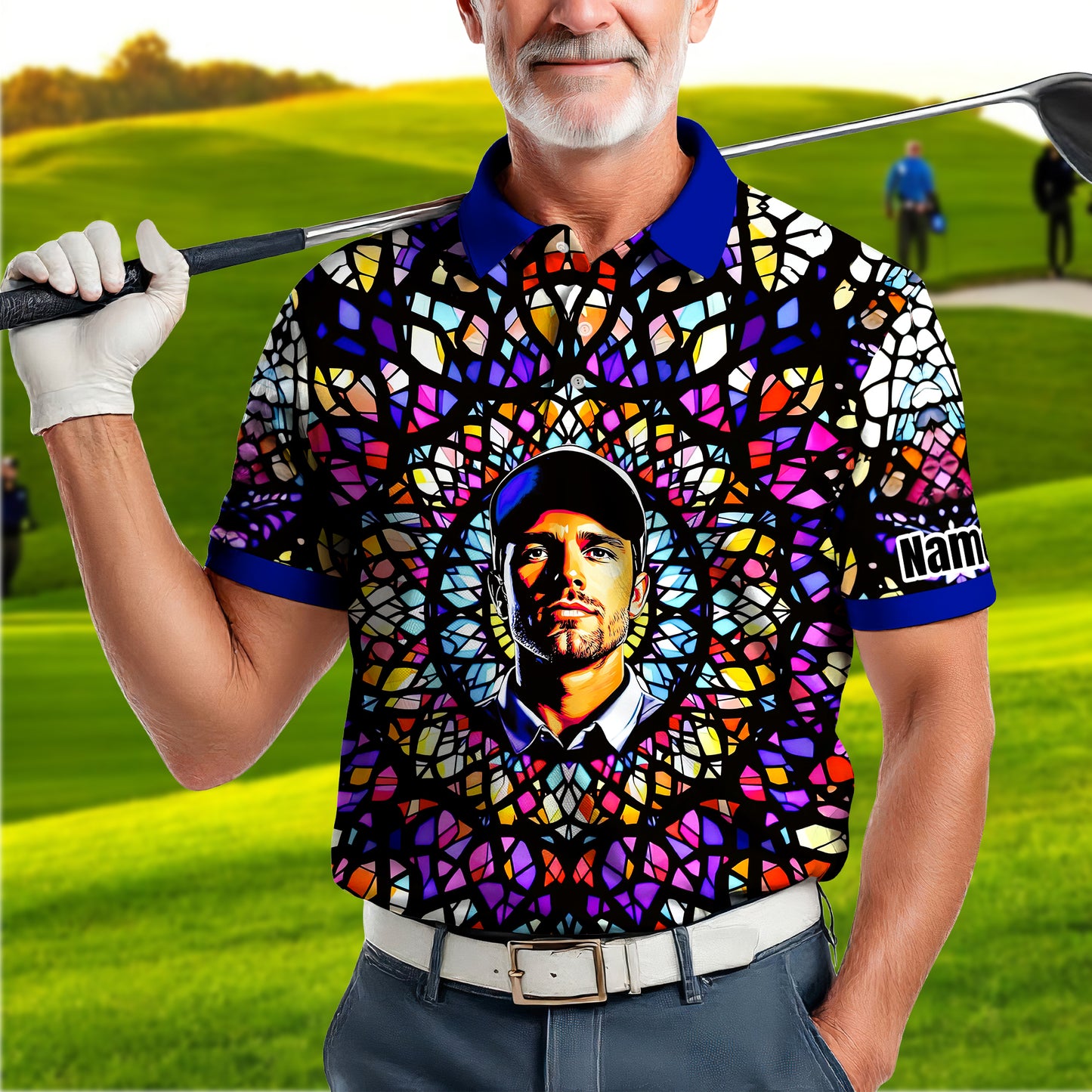 Custom Face Golf Polo Shirt – Personalized Stained Glass Mandala Style Polo, Unique Gift for Men & Women, Vibrant Artistic Golf Shirt, Custom Photo Polo