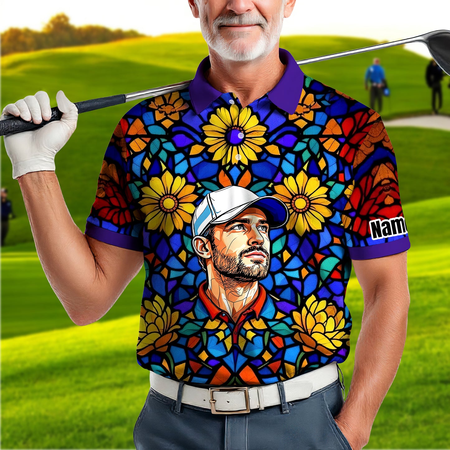 Custom Face Golf Polo Shirt – Personalized Stained Glass Art Shirt, Unique Golf Gift for Him, Colorful Abstract Golf Polo, Custom Sportswear