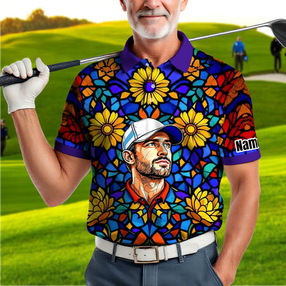 Custom Face Golf Polo Shirt – Personalized Stained Glass Art Shirt, Unique Golf Gift for Him, Colorful Abstract Golf Polo, Custom Sportswear