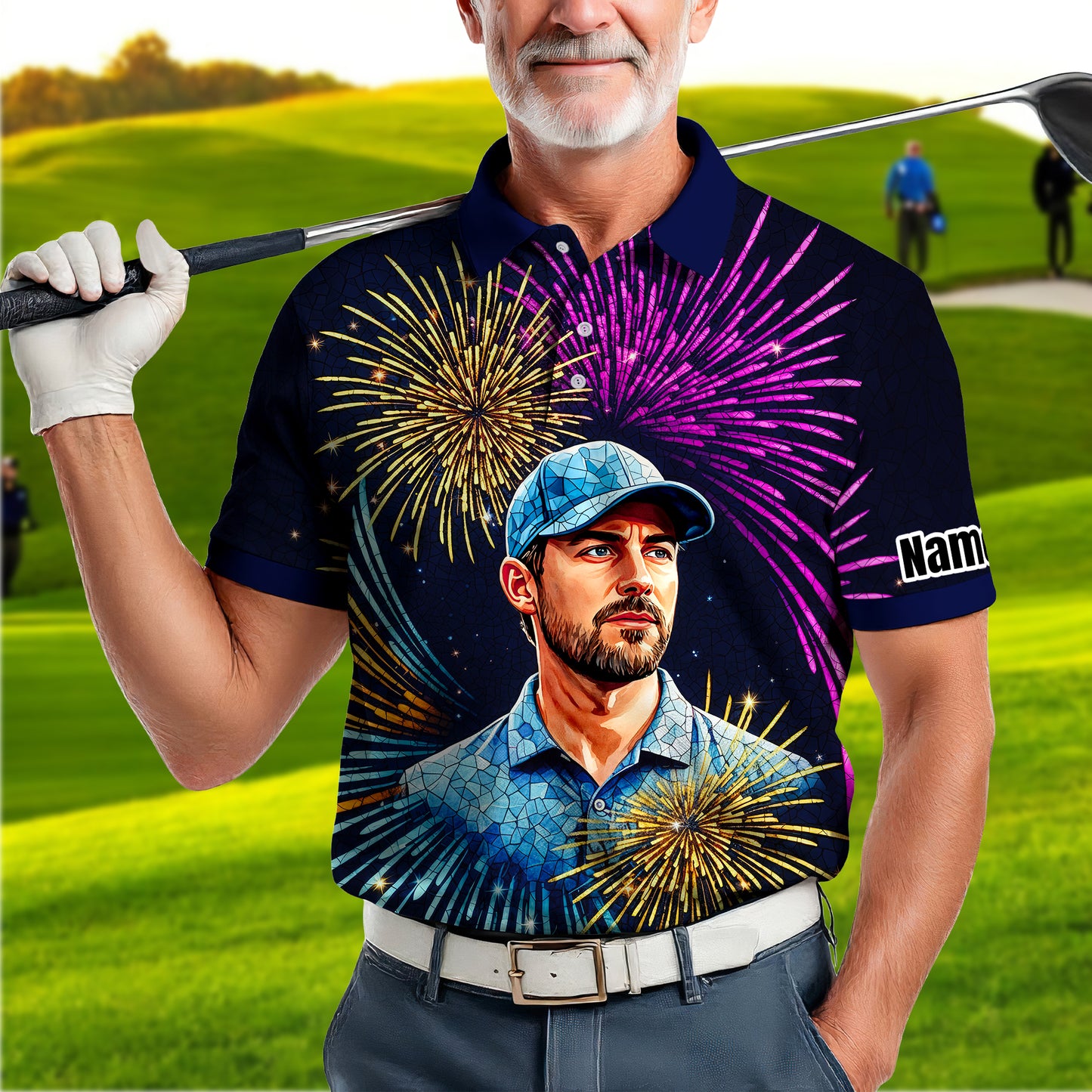 Custom Face Golf Polo Shirt – New Year Fireworks Edition | Personalized Golf Polo | Unique Holiday Gift for Him 2025 Style 3