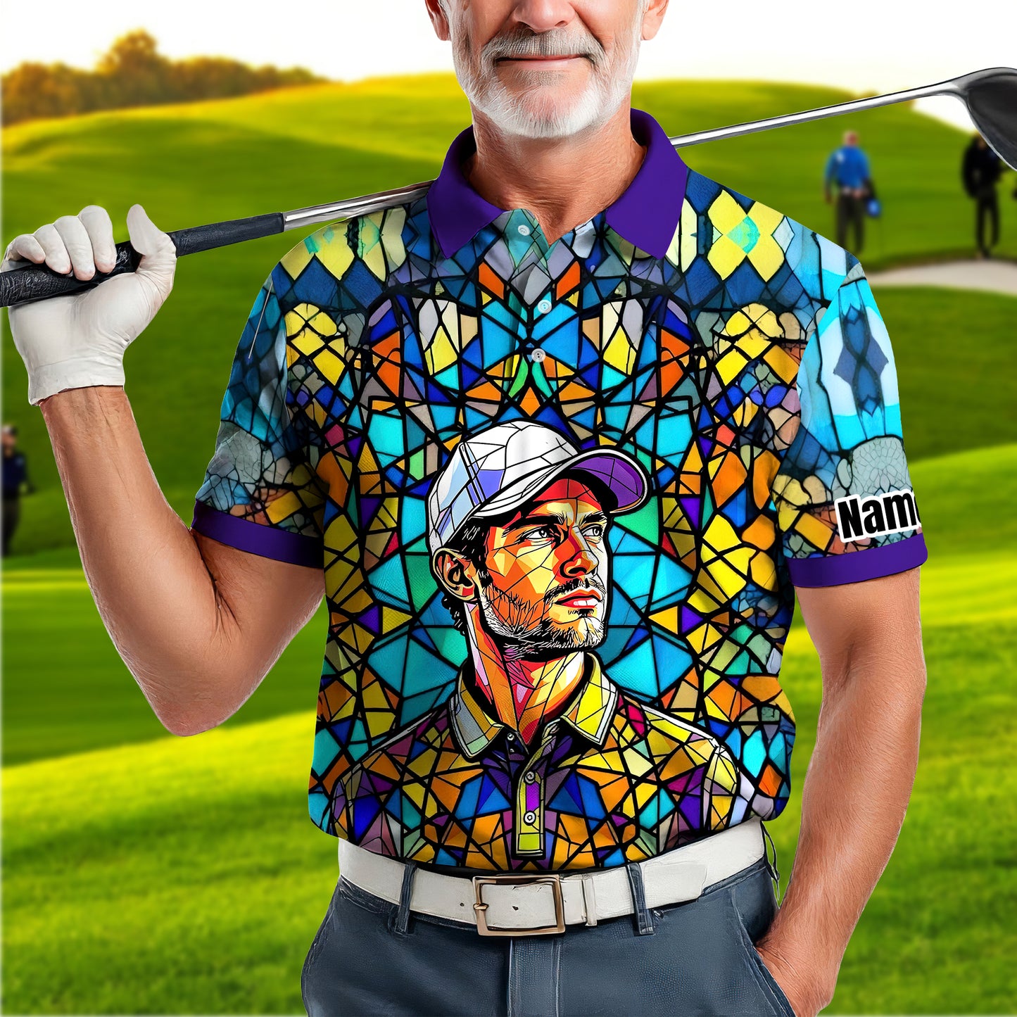 Custom Face Golf Polo Shirt – Personalized Stained Glass Art Shirt, Unique Golf Gift for Him, Colorful Abstract Golf Polo, Custom Sportswear