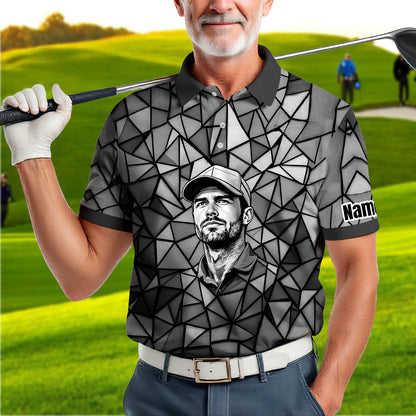 Angular Geometric Glass Pattern Custom Face Polo — Stained-Glass Mosaic Print, Personalized Sublimation Golf Shirt, Vibrant Geometric Portrait Tee