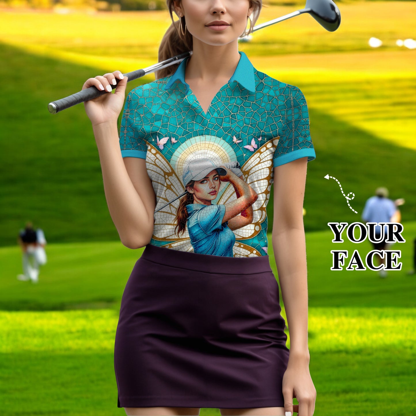 Custom Face Women’s Golf Polo Shirt – Spring Butterfly Mirage Art | Personalized Floral Fantasy Sports Shirt for Golfers Style 5