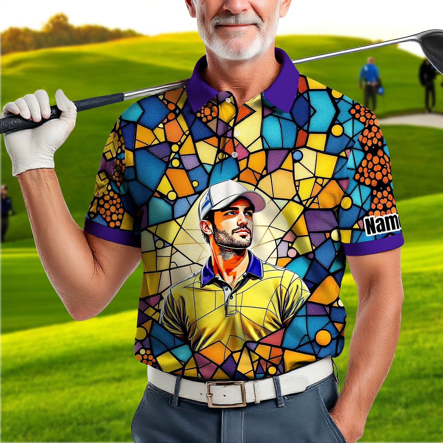 Custom Face Golf Polo Shirt – Personalized Stained Glass Art Shirt, Unique Golf Gift for Him, Colorful Abstract Golf Polo, Custom Sportswear