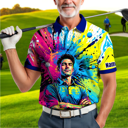 HomyGifts Men's Customized Face Artistic Golf Polo Shirt, Personalized Pop Art Golf Polo, Portrait Gift for Golfers Style 6