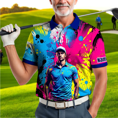 HomyGifts Men's Customized Face Artistic Golf Polo Shirt, Personalized Pop Art Golf Polo, Portrait Gift for Golfers Style 10