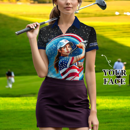 Women’s Custom Face Golf Polo – American Flag Mosaic Art – Personalized USA Patriotic Golf Shirt – Unique 4th of July Gift Style 2