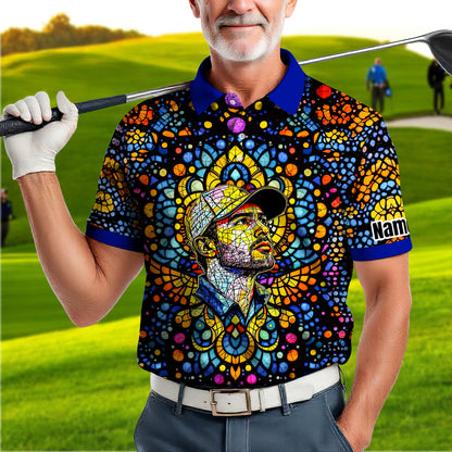 Custom Face Golf Polo Shirt – Personalized Stained Glass Mandala Style Polo, Unique Gift for Men & Women, Vibrant Artistic Golf Shirt, Custom Photo Polo