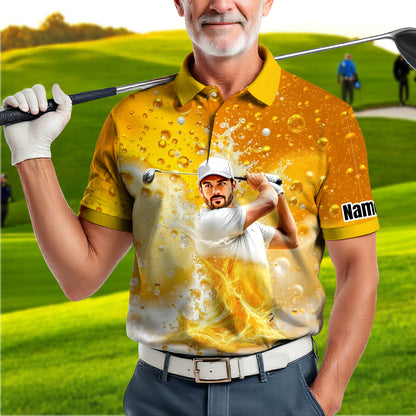 HomyGifts Men's Customized Face Artistic Golf Polo Shirt, Beer pattern Design, Special Gift for Beer & Golf Lovers, Summer Party Outfit, Unique Gift for Men Style 9