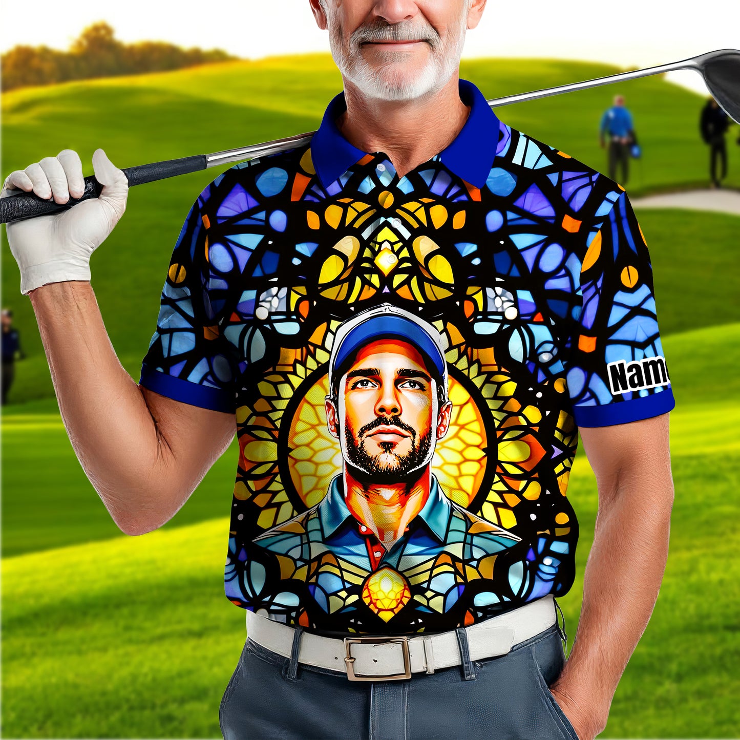 Custom Face Golf Polo Shirt – Personalized Stained Glass Mandala Style Polo, Unique Gift for Men & Women, Vibrant Artistic Golf Shirt, Custom Photo Polo