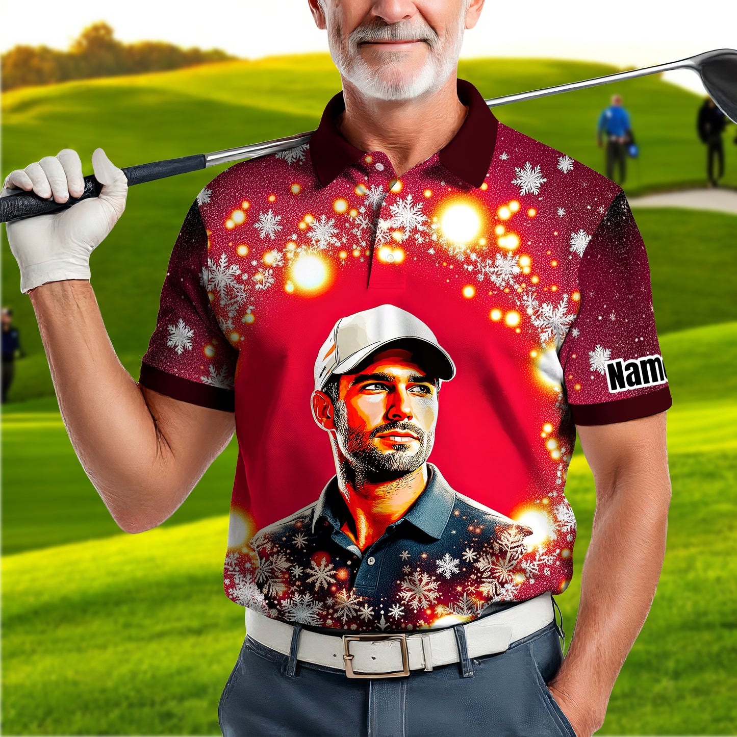 Custom Face Golf Polo Shirt – Personalized Christmas Golf Shirt for Him, Unique Holiday Gift for Golfer, Snowflake Design Golf Apparel Style 16