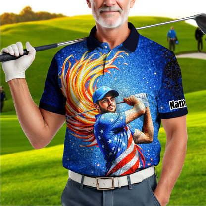 Custom Face Patriotic Golf Polo Shirt – Personalized USA Flag Design – American Pride Gift for Him – Mosaic Art Golf Shirt Style 10