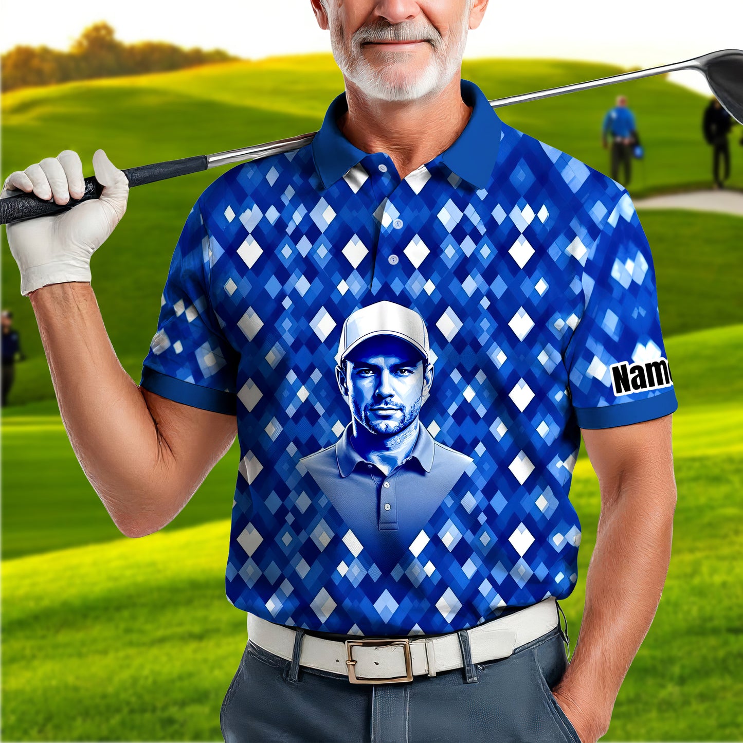 Custom Face Polo Shirt – Geometric Diamond Pattern | Personalized Photo Golf Polo | Unique Gift for Him, Retro Geometric Style Shirt Style 8