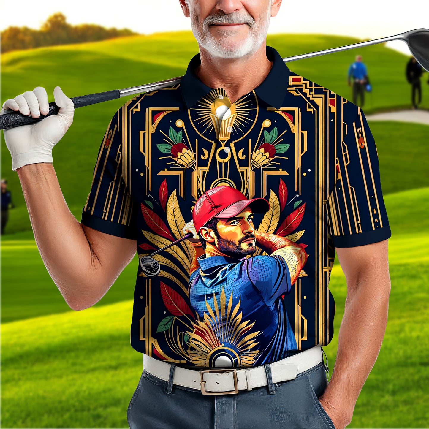 Custom Face Golf Polo Shirt – Swing in Gold Art Deco Revival Style | Personalized Golf Shirt for Men Style 9