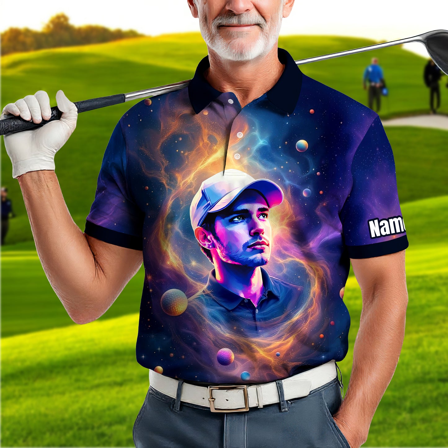 Custom Cosmic Portrait Polo Shirt – Personalized Surreal Galaxy Art with Your Face | Unique Gift for Golfers, Sports & Astrology Fans Style 6