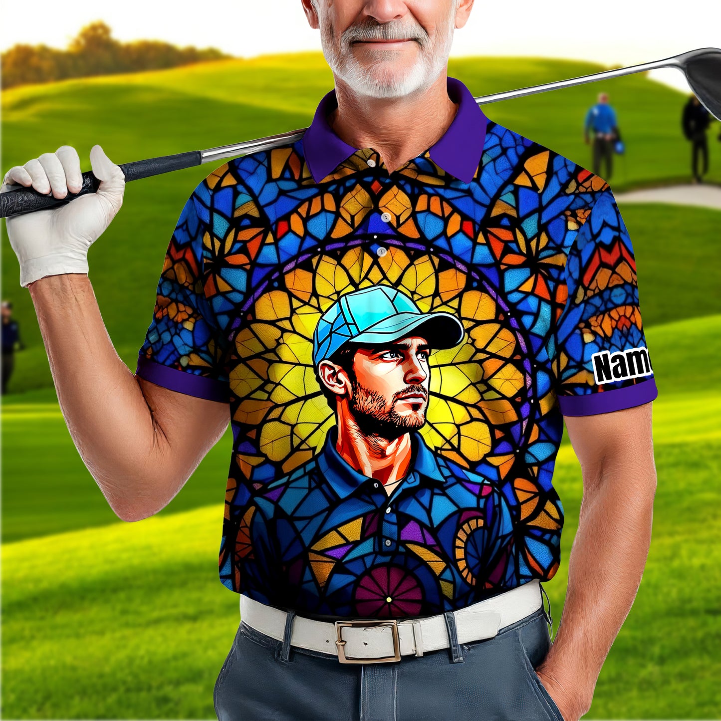 Custom Face Golf Polo Shirt – Personalized Stained Glass Art Shirt, Unique Golf Gift for Him, Colorful Abstract Golf Polo, Custom Sportswear