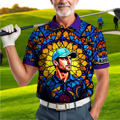 Custom Face Golf Polo Shirt – Personalized Stained Glass Art Shirt, Unique Golf Gift for Him, Colorful Abstract Golf Polo, Custom Sportswear