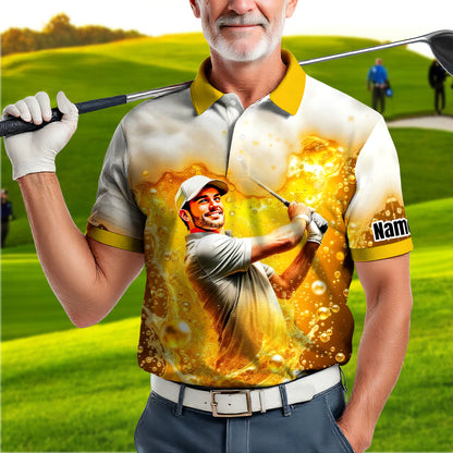 HomyGifts Men's Customized Face Artistic Golf Polo Shirt, Beer pattern Design, Special Gift for Beer & Golf Lovers, Summer Party Outfit, Unique Gift for Men Style 15