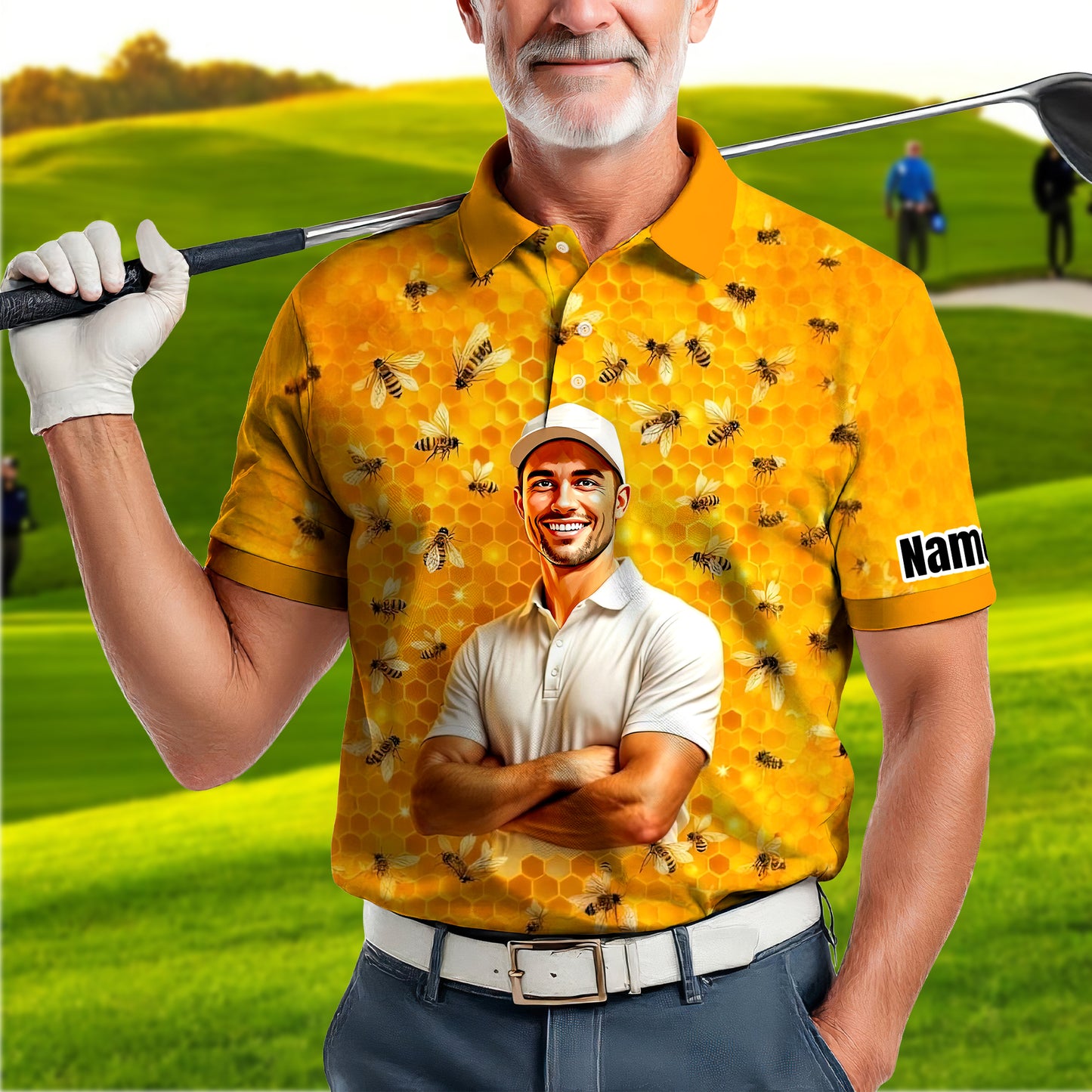 HomyGifts Men's Customized Face Artistic Golf Polo Shirt, Personalized Bee & Honeycomb Polo Shirt with Face, Funny Honey Lover Outfit, Summer Polo for Men Style 1