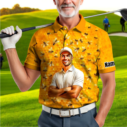 HomyGifts Men's Customized Face Artistic Golf Polo Shirt, Personalized Bee & Honeycomb Polo Shirt with Face, Funny Honey Lover Outfit, Summer Polo for Men Style 1