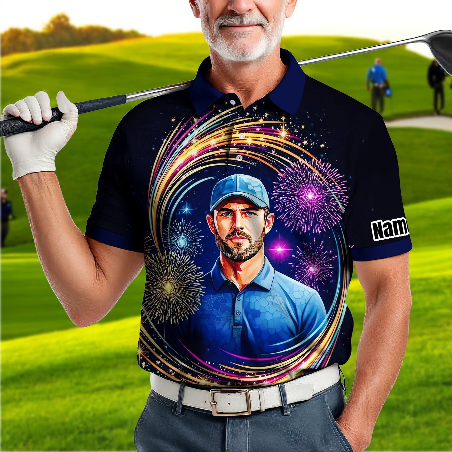 Custom Face Golf Polo Shirt – New Year Fireworks Edition | Personalized Golf Polo | Unique Holiday Gift for Him 2025 Style 1
