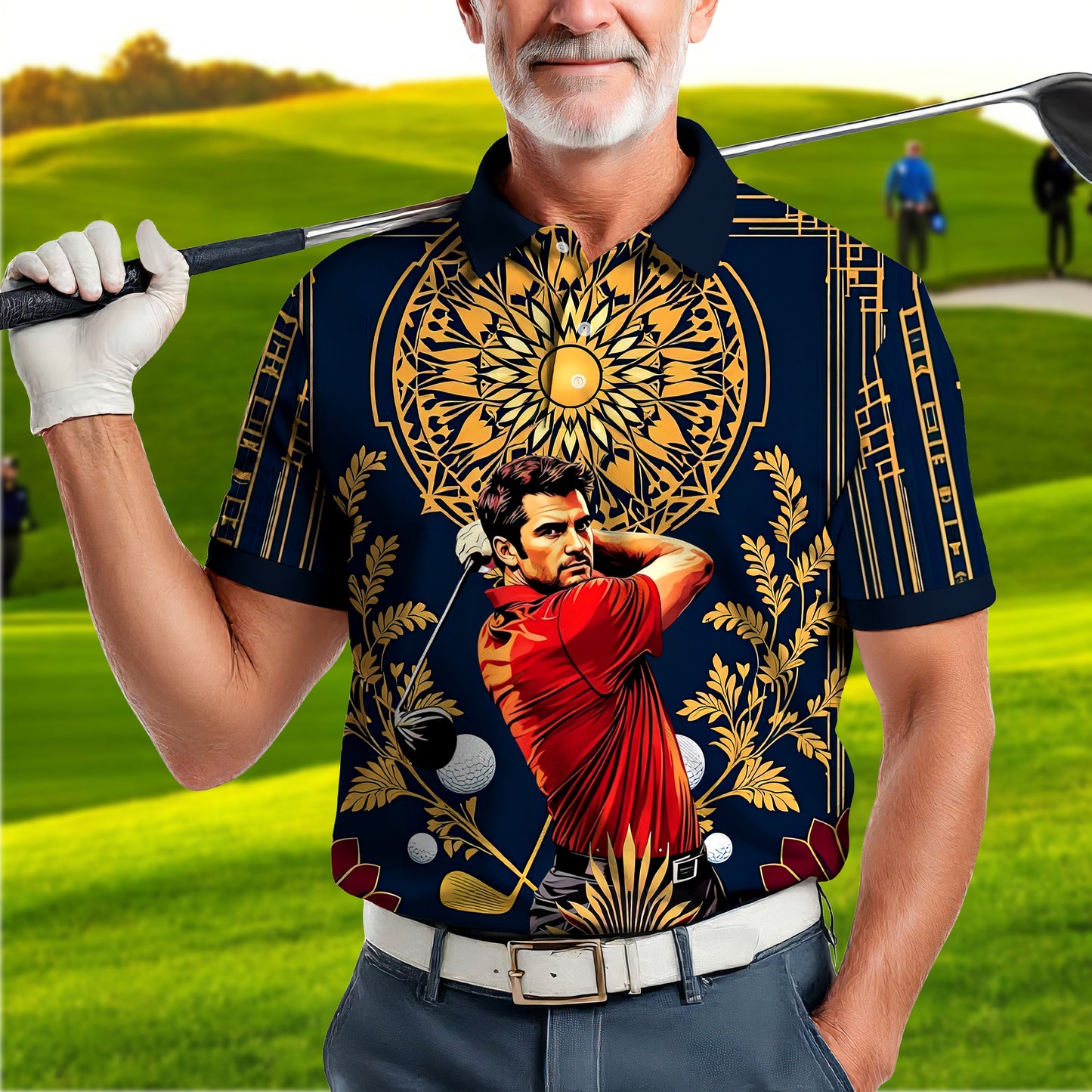 Custom Face Golf Polo Shirt – Swing in Gold Art Deco Revival Style | Personalized Golf Shirt for Men Style 8