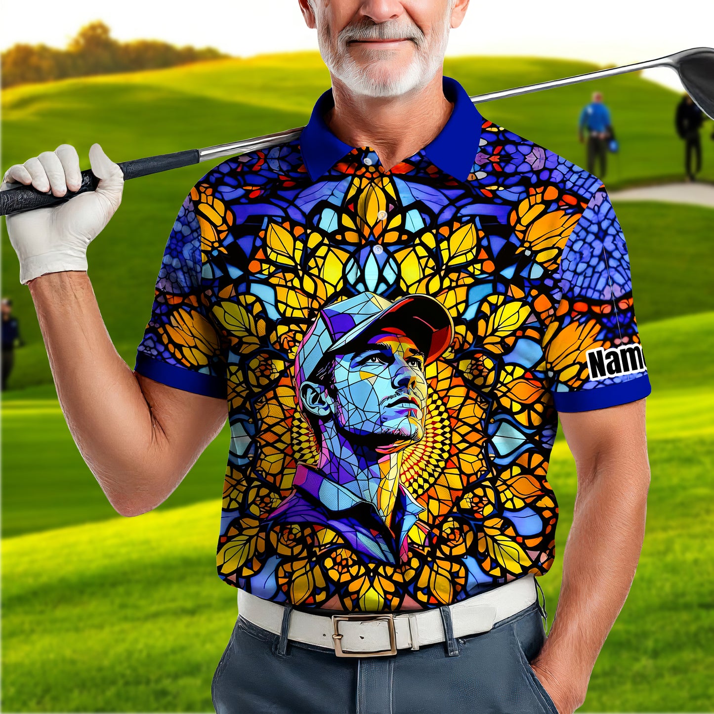 Custom Face Golf Polo Shirt – Personalized Stained Glass Mandala Style Polo, Unique Gift for Men & Women, Vibrant Artistic Golf Shirt, Custom Photo Polo