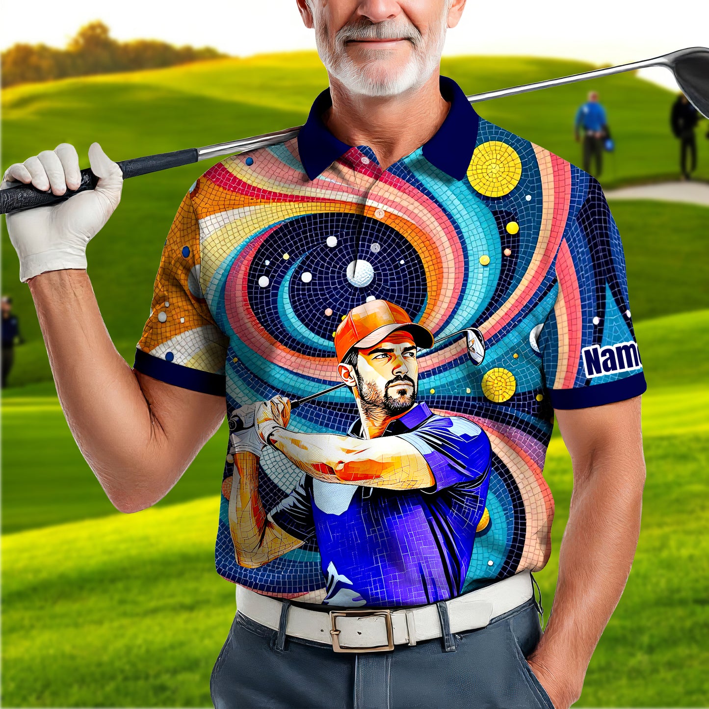 HomyGifts Men's Customized Face Artistic Golf Polo Shirt, Mosaic Art Style, Unique Personalized Golf Polo For Men Style 17