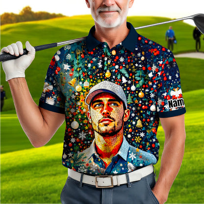 Personalized Christmas Golf Polo Shirt with Your Face – Custom Photo Holiday Shirt – Unique Mosaic Art Xmas Gift for Men, Custom Golf Apparel Style 5