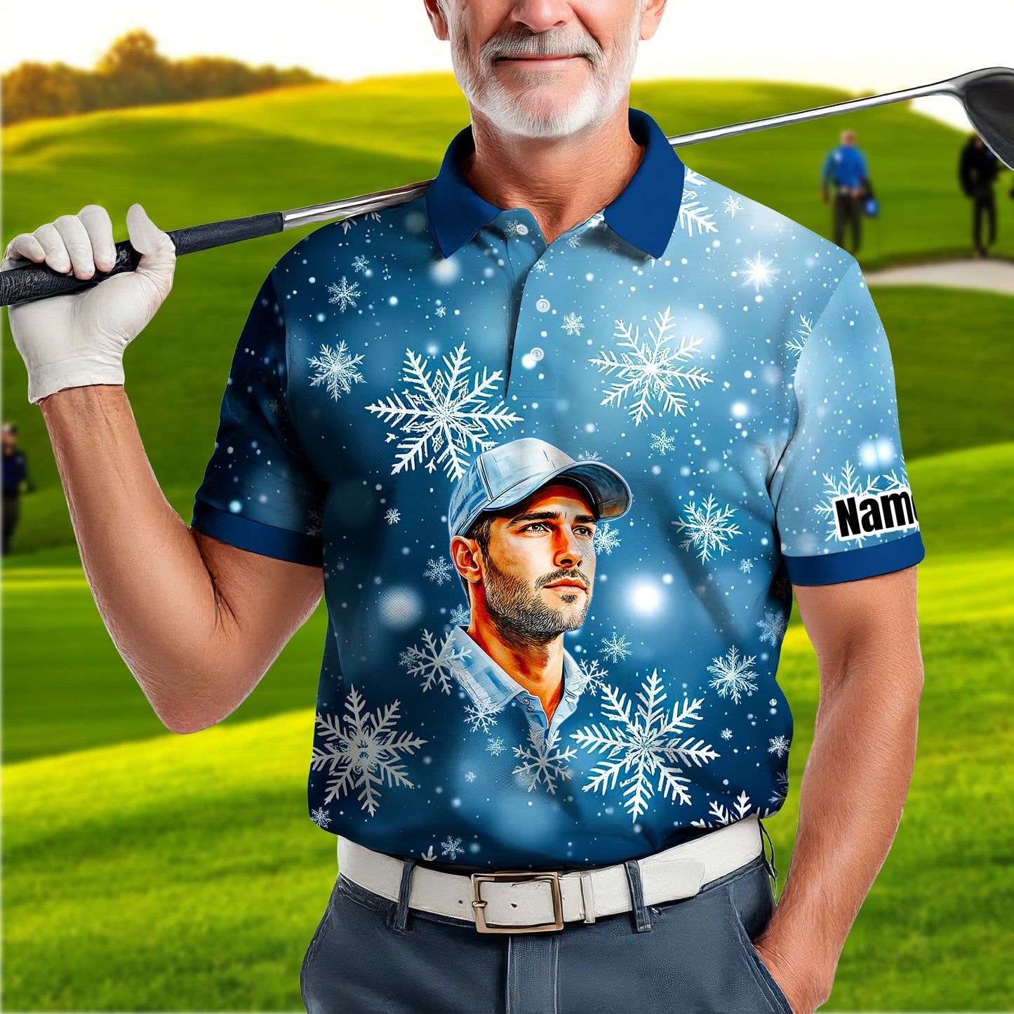 Custom Face Golf Polo Shirt – Personalized Christmas Golf Shirt for Him, Unique Holiday Gift for Golfer, Snowflake Design Golf Apparel Style 5
