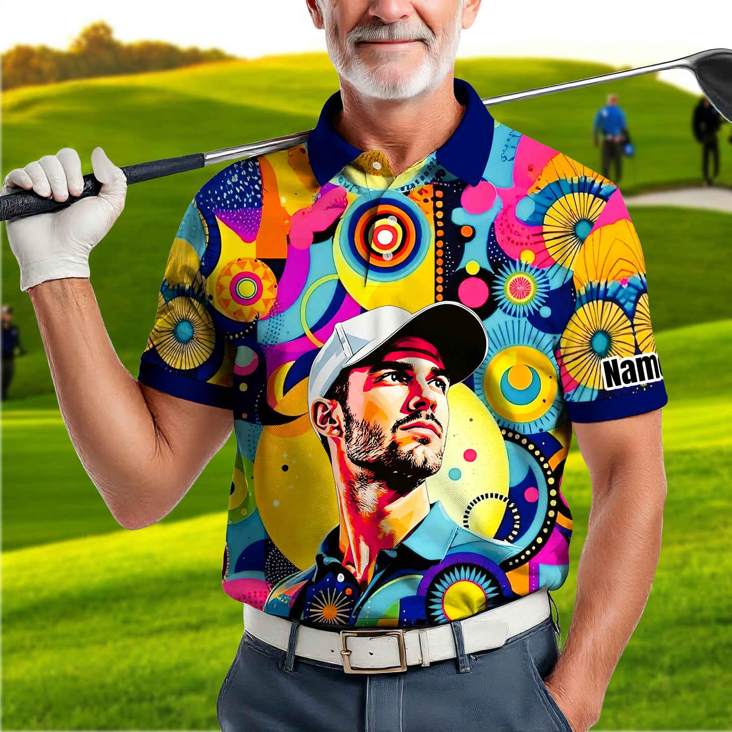 HomyGifts Custom Face Polo Shirt – Personalized Abstract Geometric Art Photo Shirt, Unique Gift for Him & Her