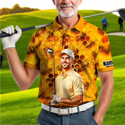HomyGifts Men's Customized Face Artistic Golf Polo Shirt, Personalized Bee & Honeycomb Polo Shirt with Face, Funny Honey Lover Outfit, Summer Polo for Men Style 2