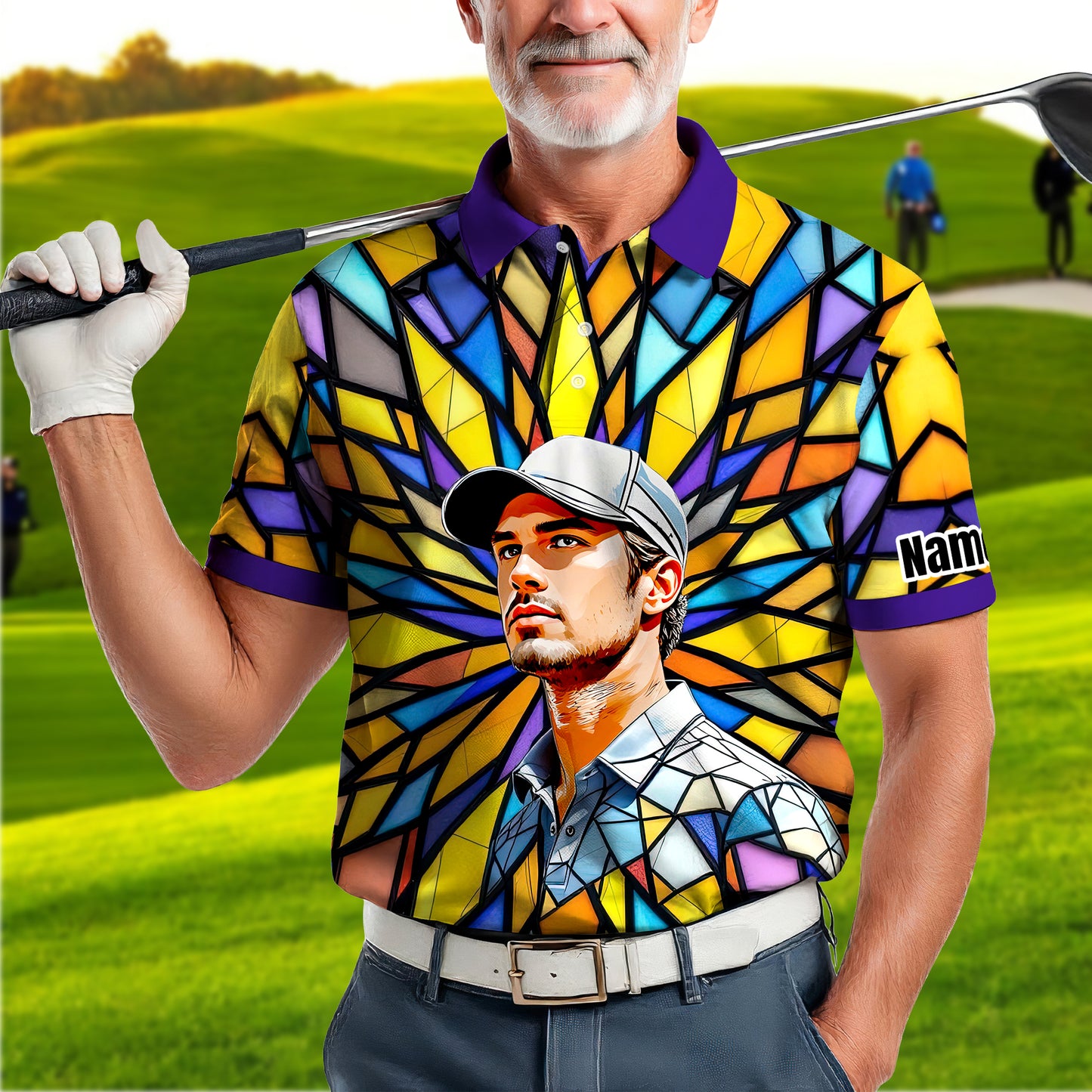 Custom Face Golf Polo Shirt – Personalized Stained Glass Art Shirt, Unique Golf Gift for Him, Colorful Abstract Golf Polo, Custom Sportswear