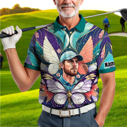 Custom Face Butterfly Golf Polo Shirt – Personalized Spring Mirage Art Style – Unique Gift for Him, Nature Inspired Men's Shirt Style 6