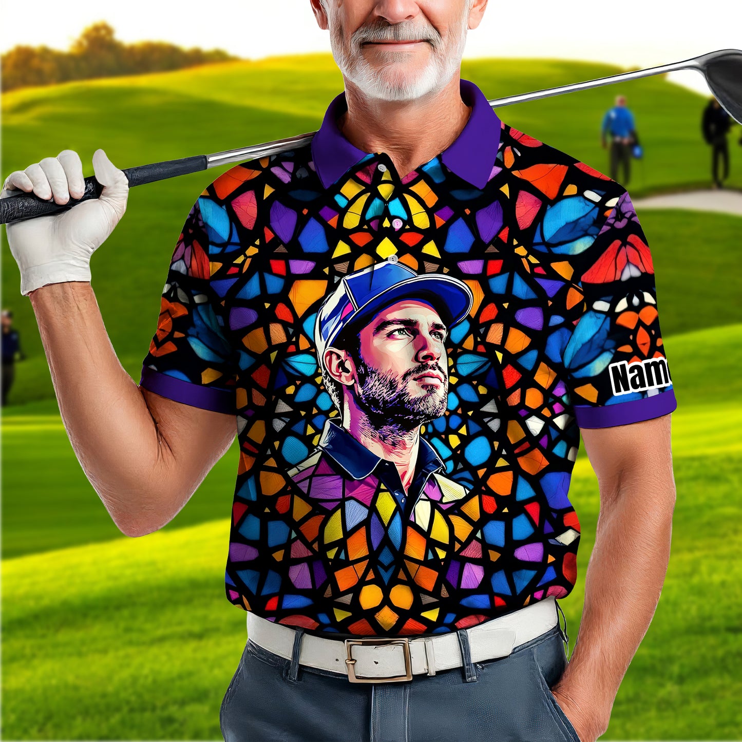 Custom Face Golf Polo Shirt – Personalized Stained Glass Art Shirt, Unique Golf Gift for Him, Colorful Abstract Golf Polo, Custom Sportswear