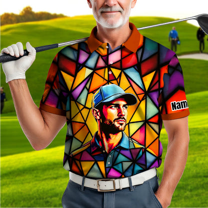 HomyGifts Men's Customized Face Artistic Golf Polo Shirt, Angular Geometric Glass Pattern, Stained-Glass Mosaic Print, Personalized Sublimation Golf Shirt, Vibrant Geometric Portrait Tee