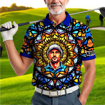 Custom Face Golf Polo Shirt – Personalized Stained Glass Mandala Style Polo, Unique Gift for Men & Women, Vibrant Artistic Golf Shirt, Custom Photo Polo