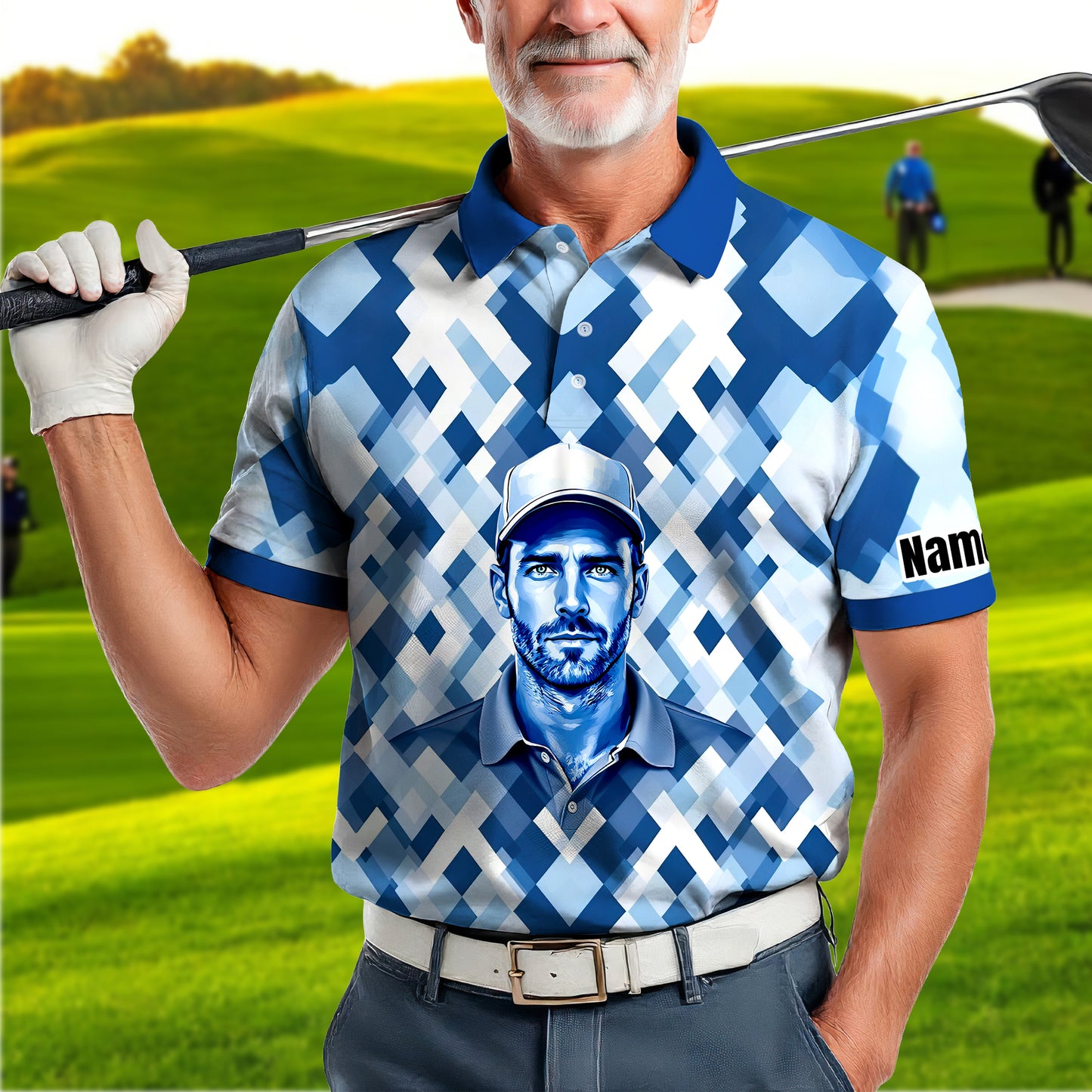 Custom Face Polo Shirt – Geometric Diamond Pattern | Personalized Photo Golf Polo | Unique Gift for Him, Retro Geometric Style Shirt Style 12