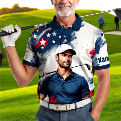 HomyGifts Men's Customized Face Artistic Golf Polo Shirt, Personalized American Flag Design, Unique Gift for Patriotic Golfers Style 28