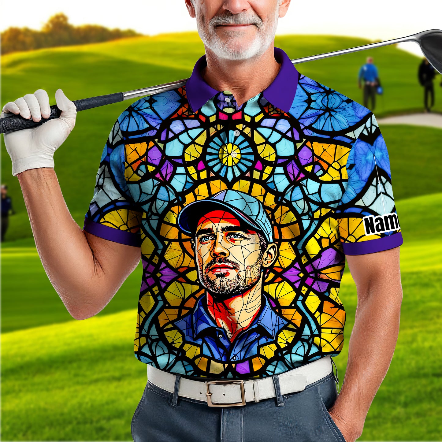 Custom Face Golf Polo Shirt – Personalized Stained Glass Art Shirt, Unique Golf Gift for Him, Colorful Abstract Golf Polo, Custom Sportswear
