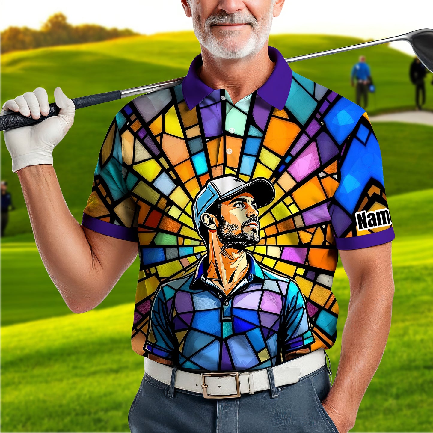 Custom Face Golf Polo Shirt – Personalized Stained Glass Art Shirt, Unique Golf Gift for Him, Colorful Abstract Golf Polo, Custom Sportswear