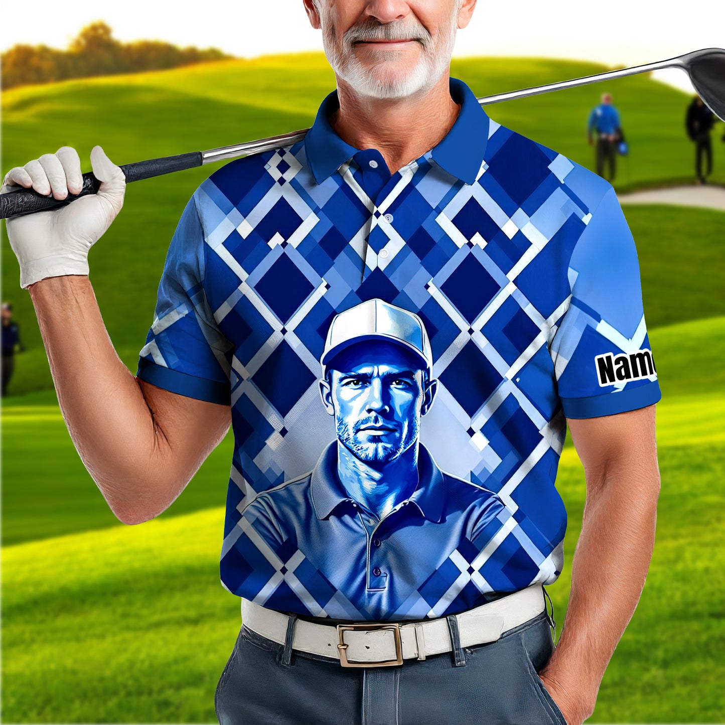 Custom Face Polo Shirt – Geometric Diamond Pattern | Personalized Photo Golf Polo | Unique Gift for Him, Retro Geometric Style Shirt Style 9