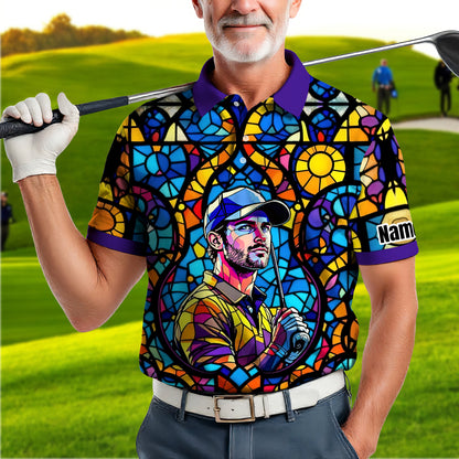 Custom Face Golf Polo Shirt – Personalized Stained Glass Art Shirt, Unique Golf Gift for Him, Colorful Abstract Golf Polo, Custom Sportswear