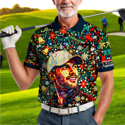 Personalized Christmas Golf Polo Shirt with Your Face – Custom Photo Holiday Shirt – Unique Mosaic Art Xmas Gift for Men, Custom Golf Apparel Style 10