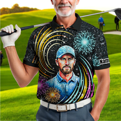 Custom Face Golf Polo Shirt – New Year Fireworks Edition | Personalized Golf Polo | Unique Holiday Gift for Him 2025 Style 7